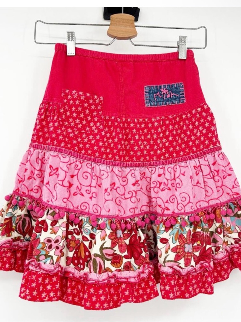 Mish Girls Cottagecore Mixed Media Corduroy Tiered Floral Pom Midi Skirt Size M‎